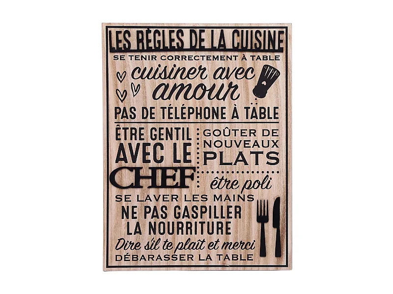 Plaque en bois Règles de la cuisine 30 x 40 cm