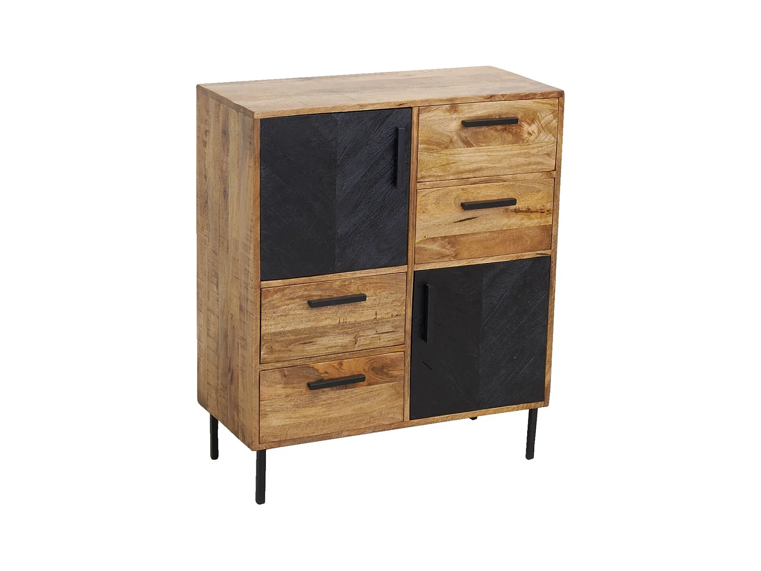 Commode en manguier naturel et teinté noir Damier 2 portes + 4 tiroirs