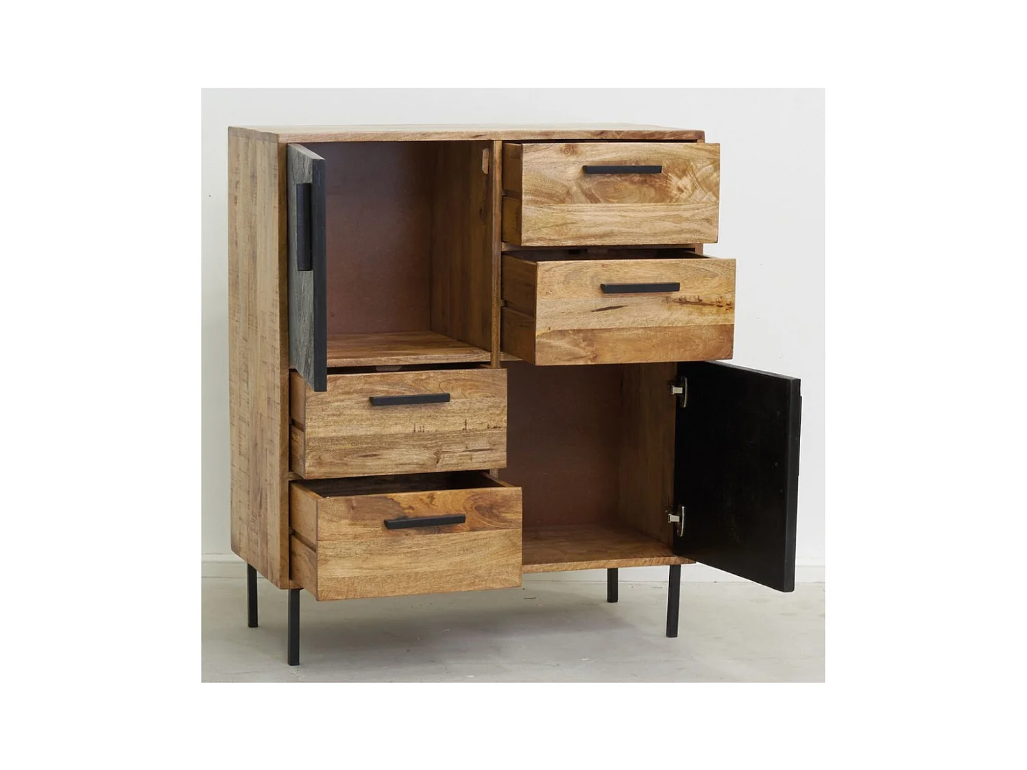 Commode en manguier naturel et teinté noir Damier 2 portes + 4 tiroirs