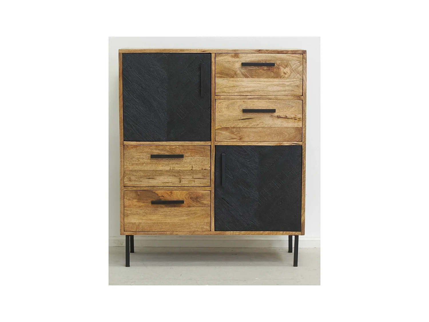 Commode en manguier naturel et teinté noir Damier 2 portes + 4 tiroirs
