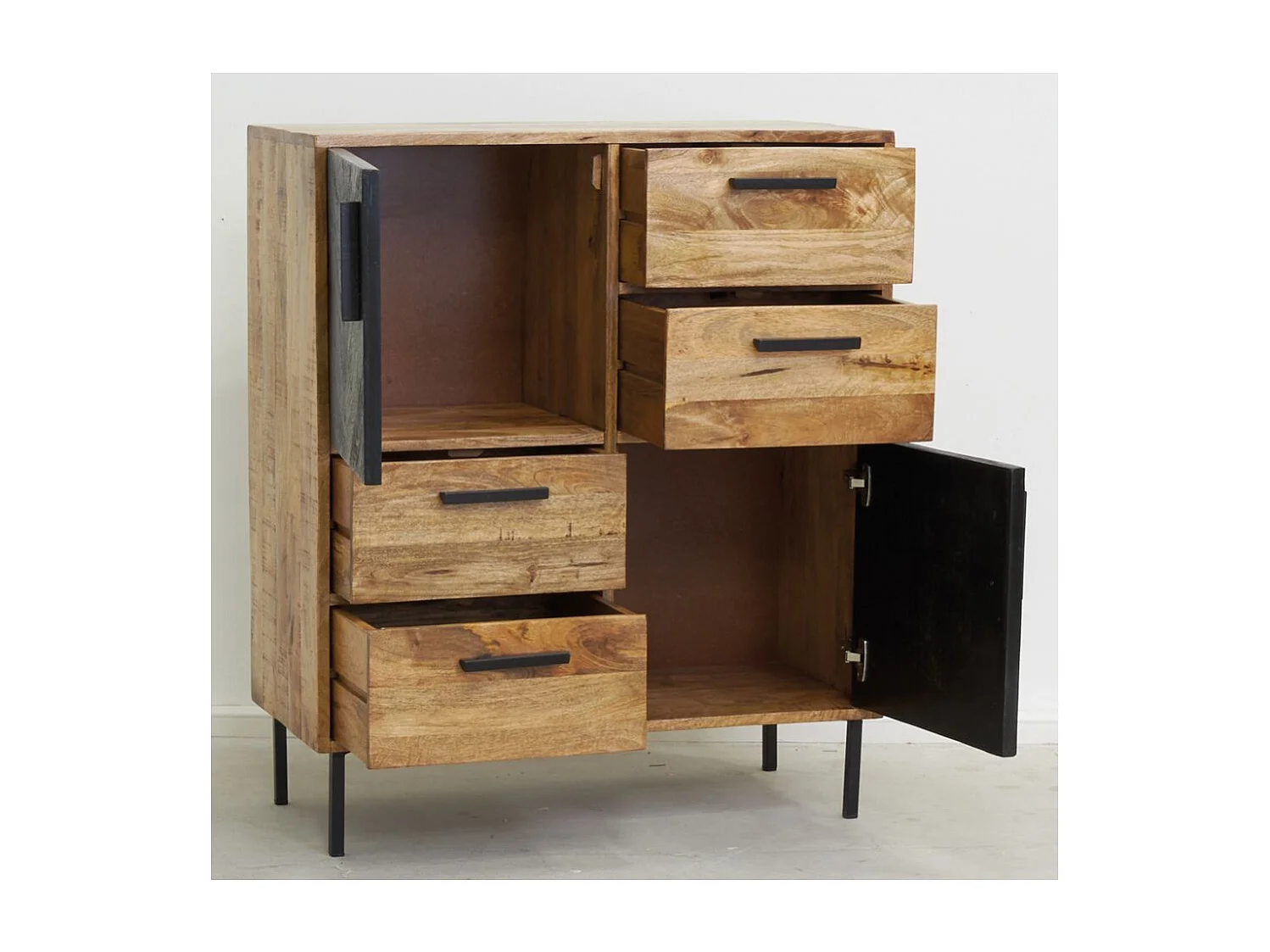 Commode en manguier naturel et teinté noir Damier 2 portes + 4 tiroirs