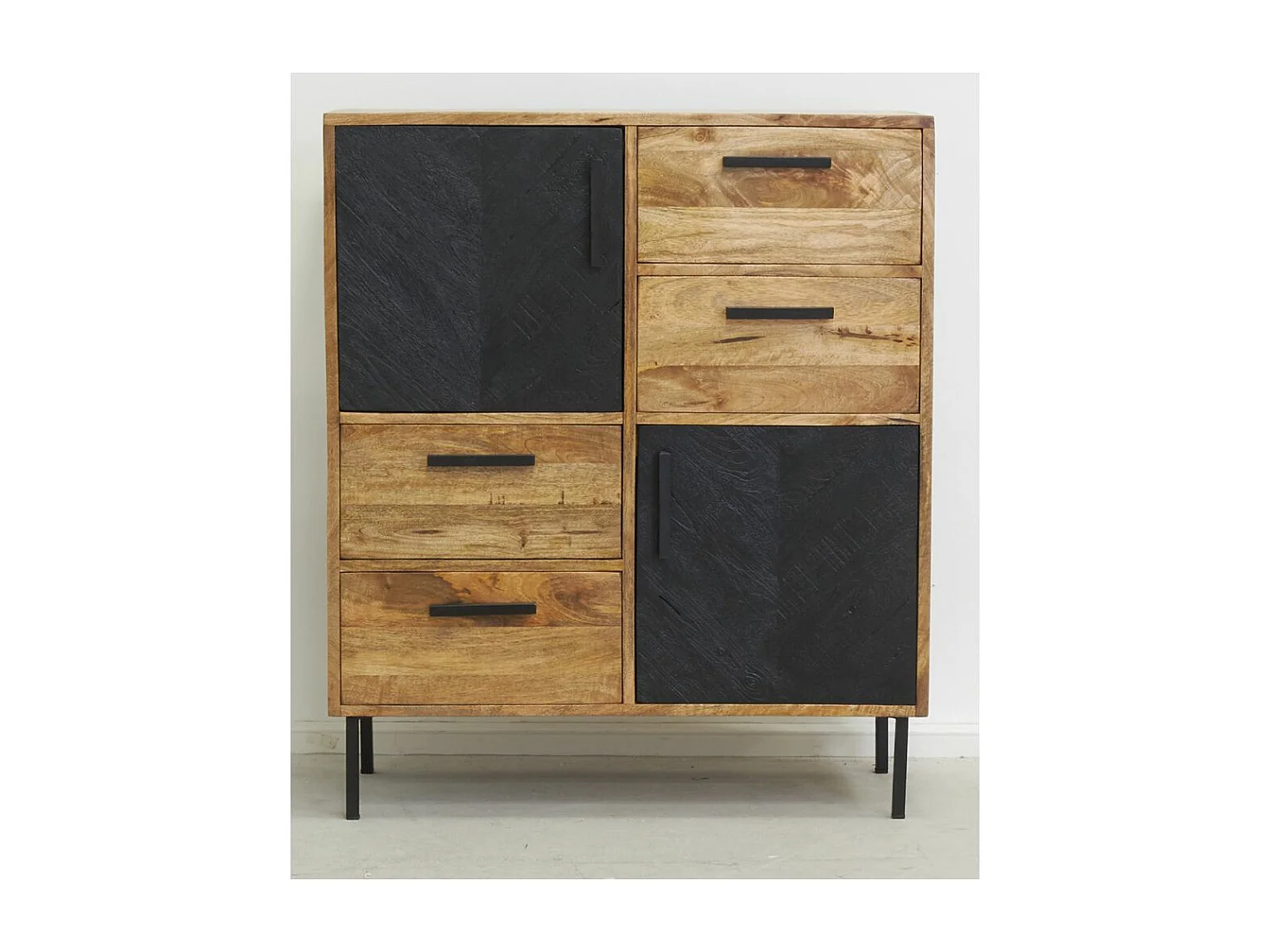 Commode en manguier naturel et teinté noir Damier 2 portes + 4 tiroirs