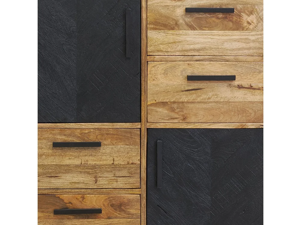 Commode en manguier naturel et teinté noir Damier 2 portes + 4 tiroirs