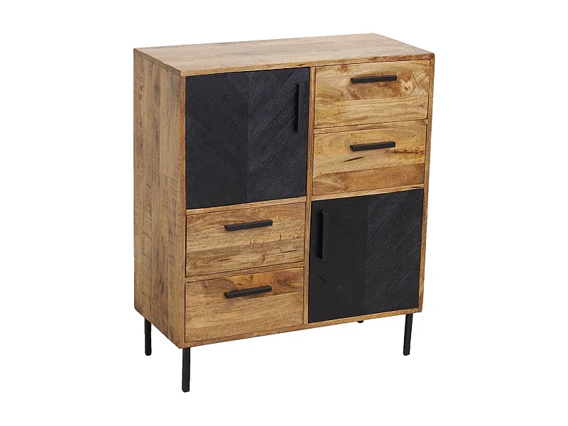 Commode en manguier naturel et teinté noir Damier 2 portes + 4 tiroirs