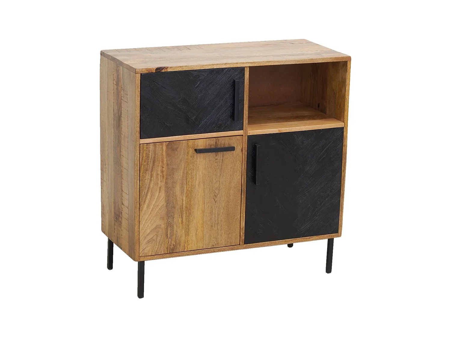 Commode en manguier naturel et teinté noir Damier 3 portes + 1 niche de rangement