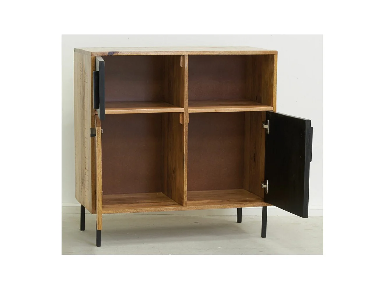 Commode en manguier naturel et teinté noir Damier 3 portes + 1 niche de rangement