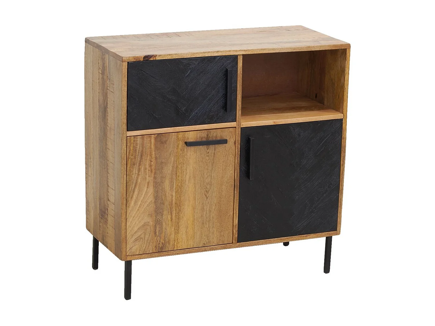 Commode en manguier naturel et teinté noir Damier 3 portes + 1 niche de rangement