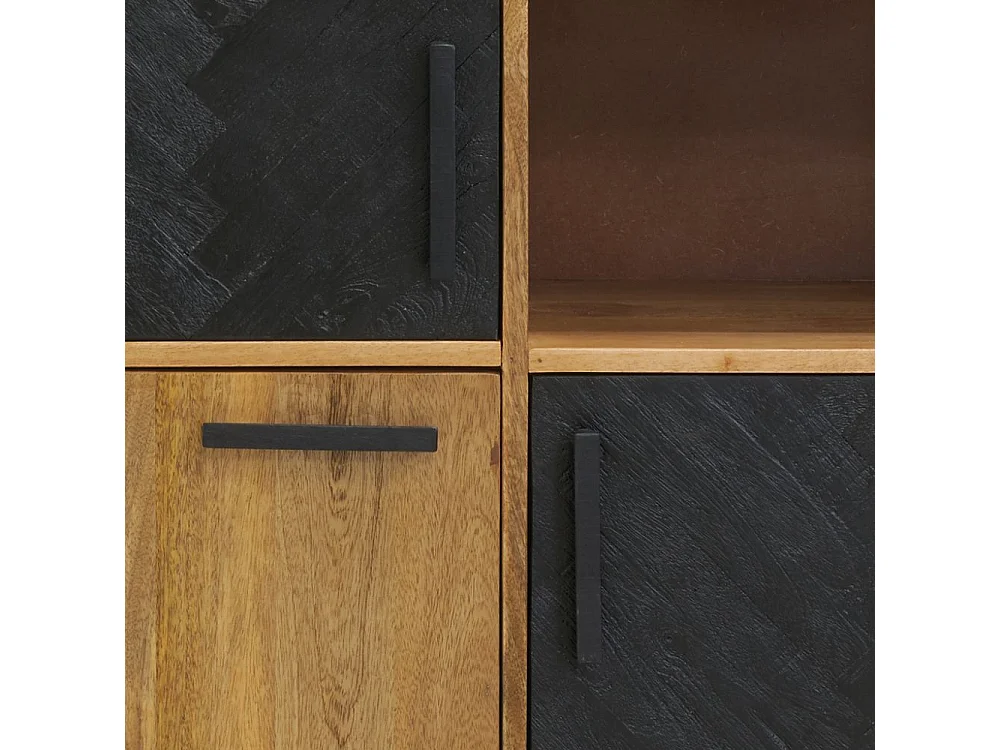 Commode en manguier naturel et teinté noir Damier 3 portes + 1 niche de rangement