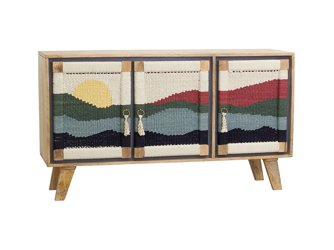 Buffet artisanal en manguier et coton tissé SUNSET 3 portes