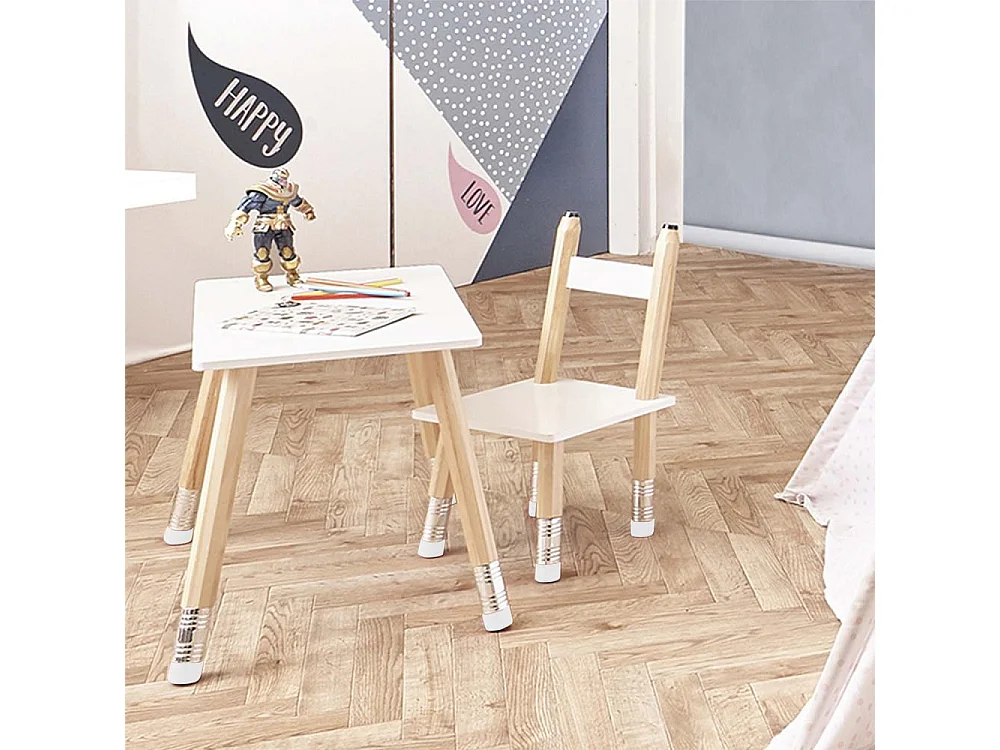 Table Et 2 Chaises Crayon Blanc, Marron