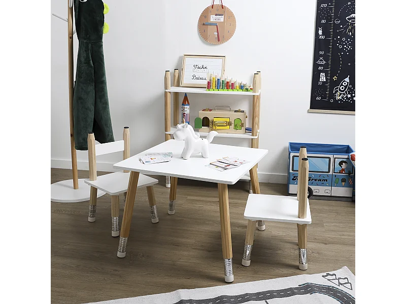 Table Et 2 Chaises Crayon Blanc, Marron