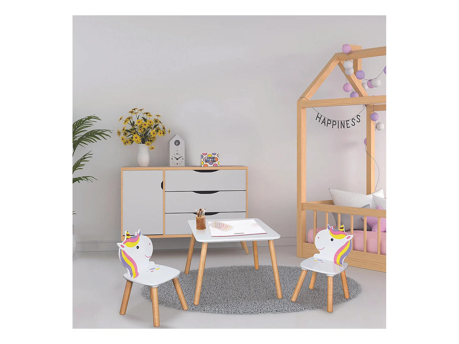 Tisch und 2 Stühle aus Holz Einhorn Lily