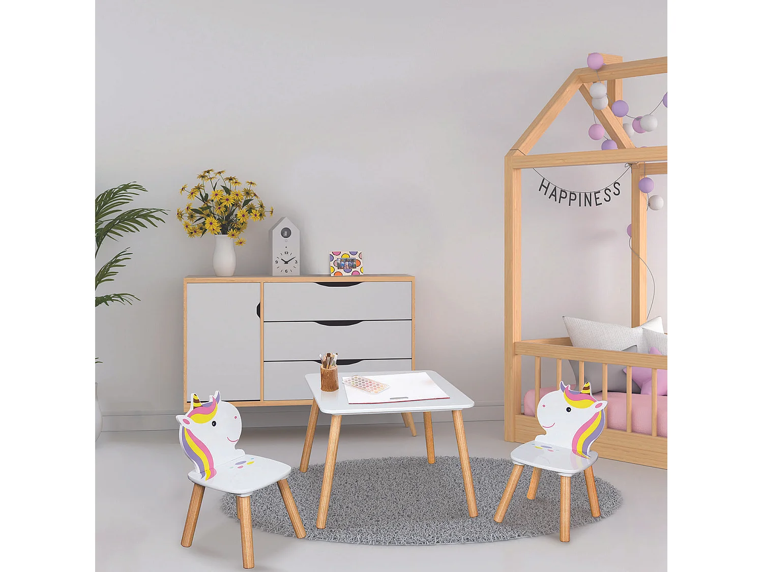 Tisch und 2 Stühle aus Holz Einhorn Lily