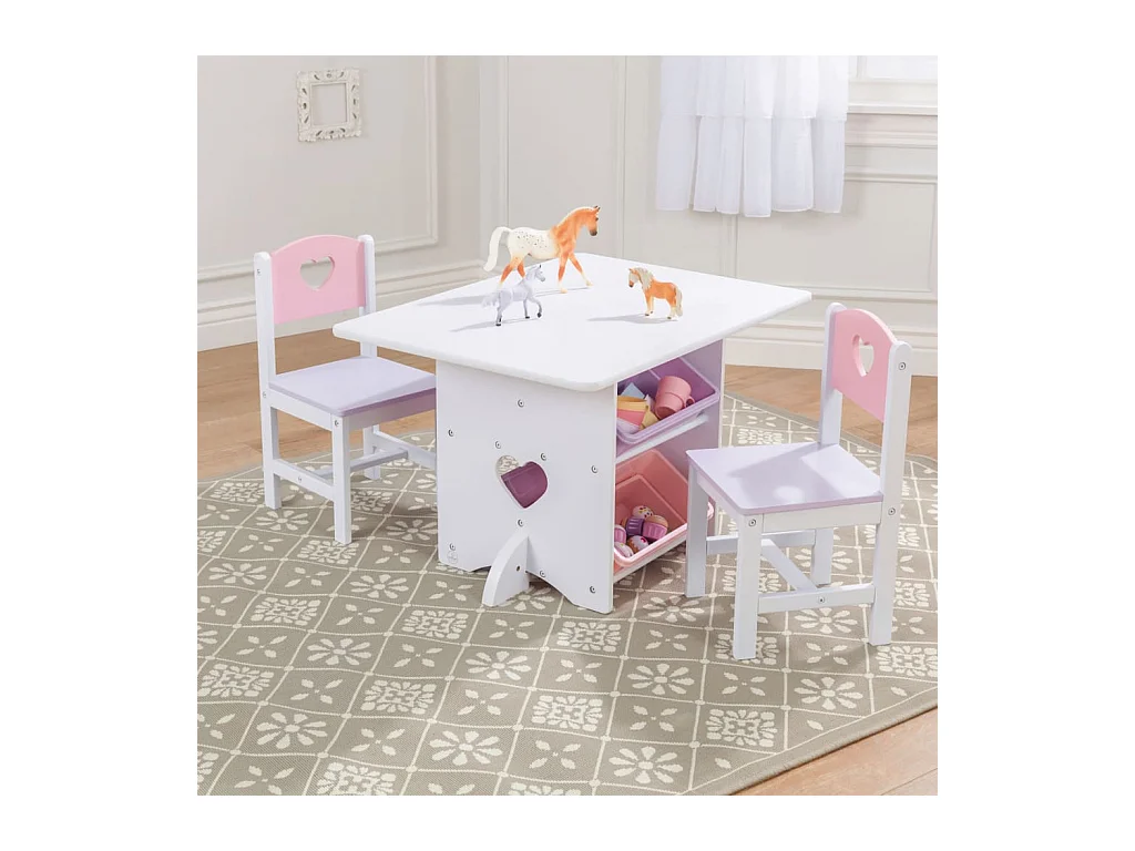 Tavolo, sedie e contenitore in legno per bambini Coeur