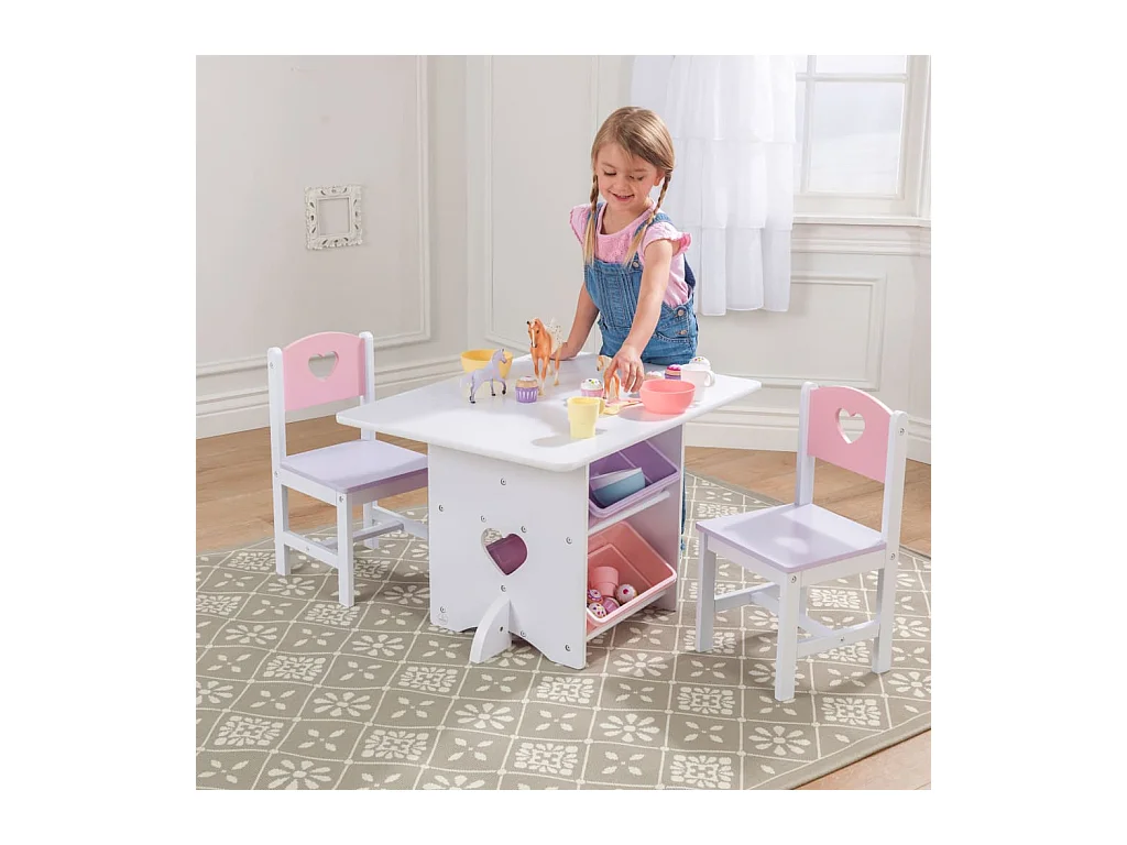 Tavolo, sedie e contenitore in legno per bambini Coeur