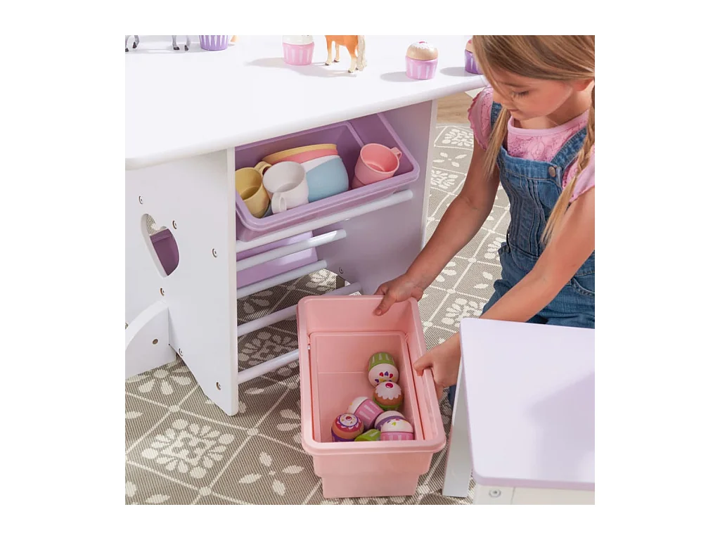 Tavolo, sedie e contenitore in legno per bambini Coeur