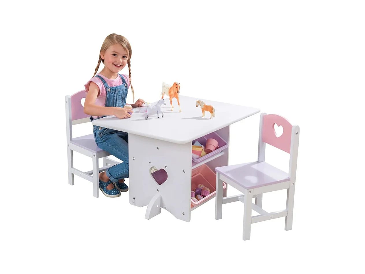 Tavolo, sedie e contenitore in legno per bambini Coeur