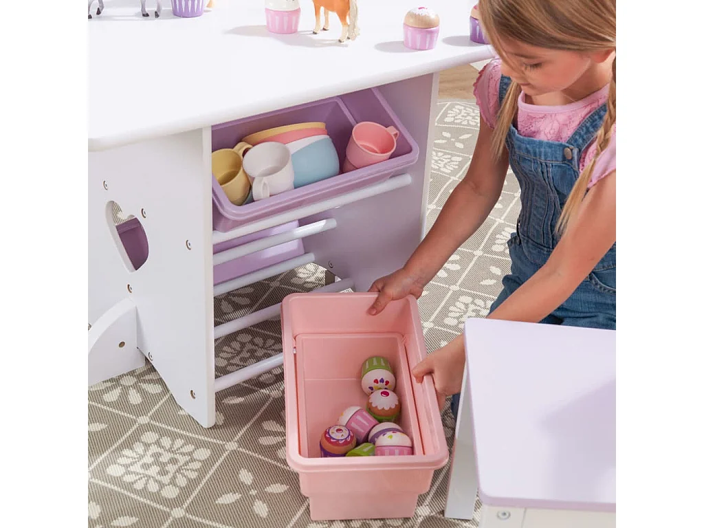 Mesa, sillas y caja de madera para niños Coeur