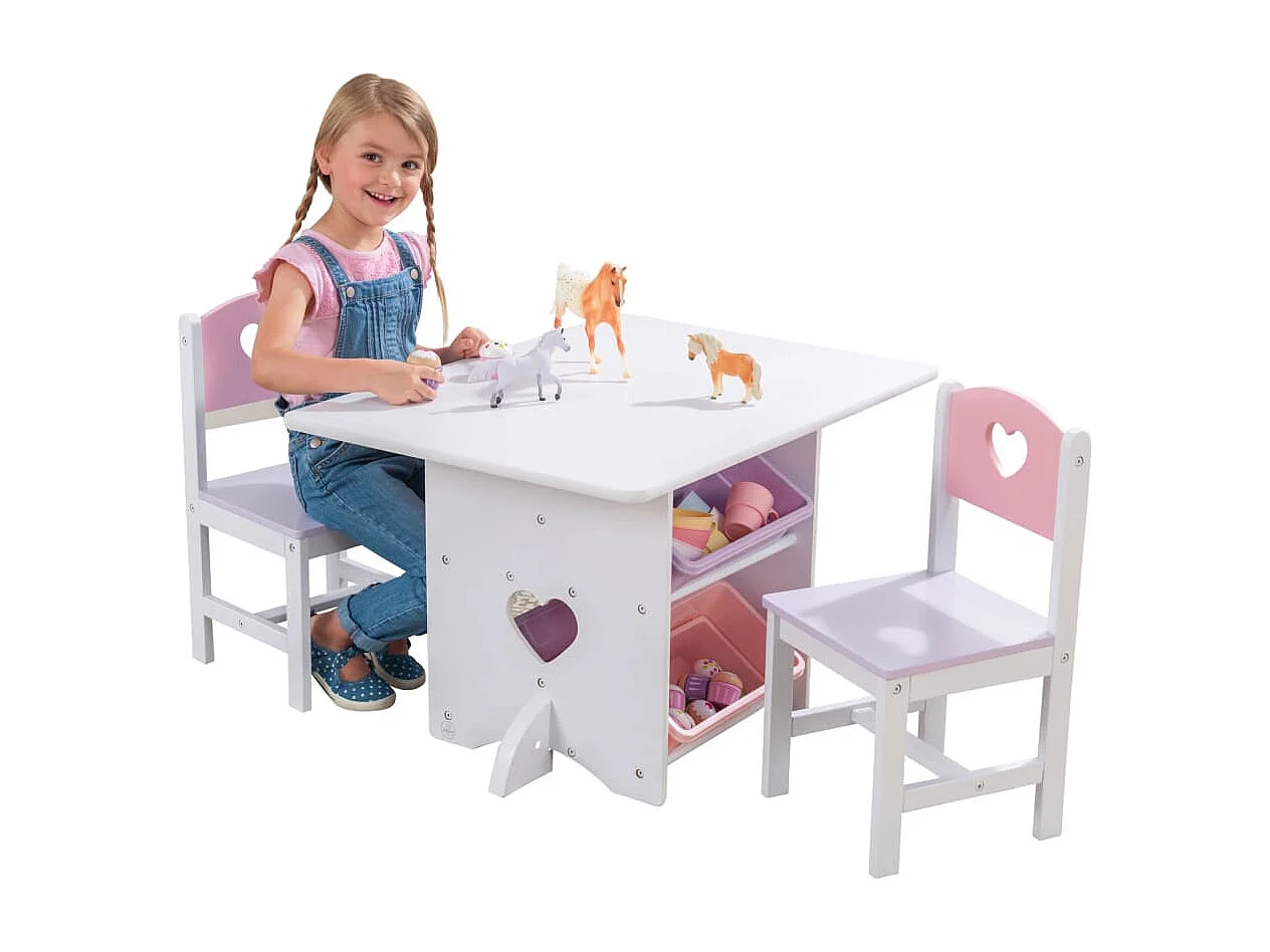 Mesa, sillas y caja de madera para niños Coeur