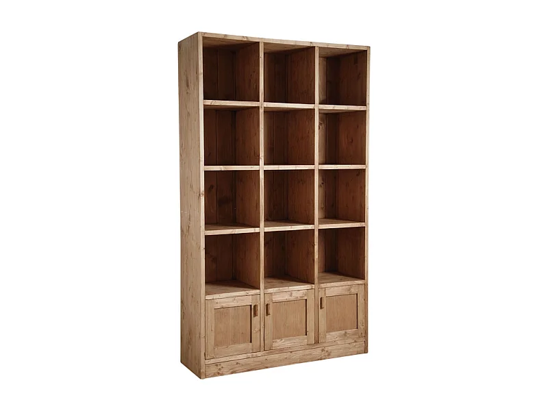 Bibliothèque 12 cases 3 portes en épicéa ciré miel