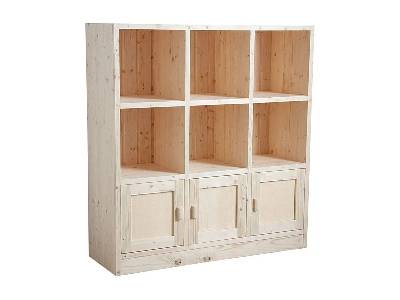 Bibliothèque 6 cases 3 portes en épicéa brut