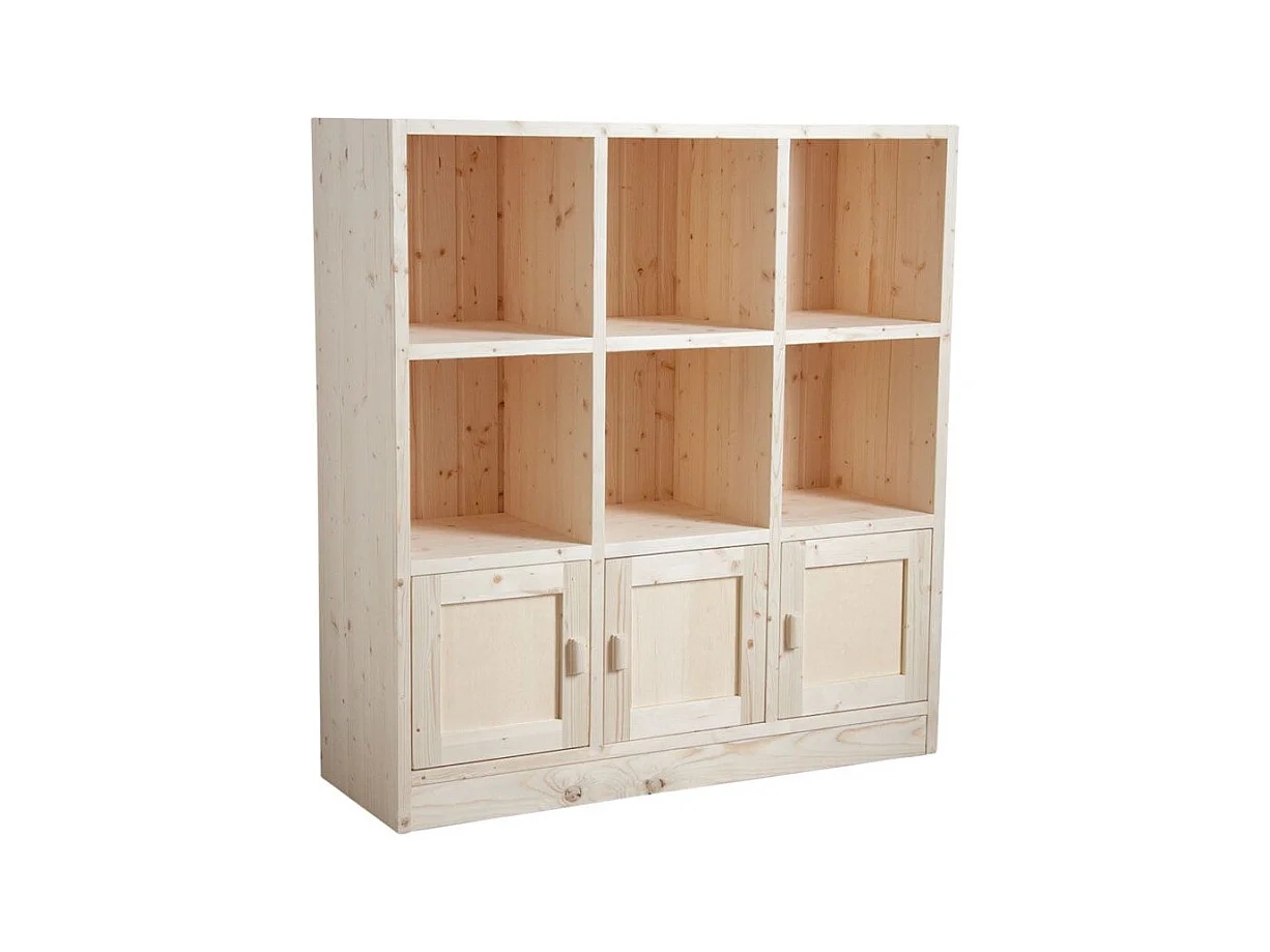 Bibliothèque 6 cases 3 portes en épicéa brut