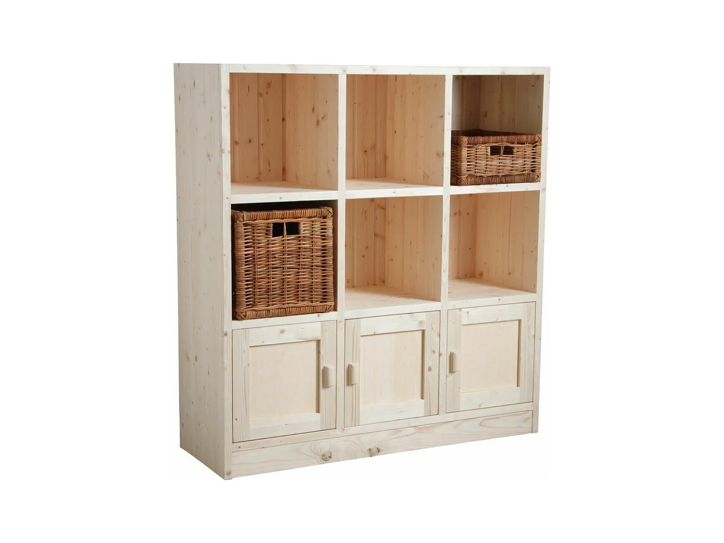 Bibliothèque 6 cases 3 portes en épicéa brut