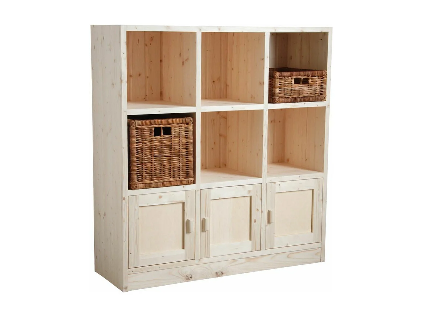 Bibliothèque 6 cases 3 portes en épicéa brut