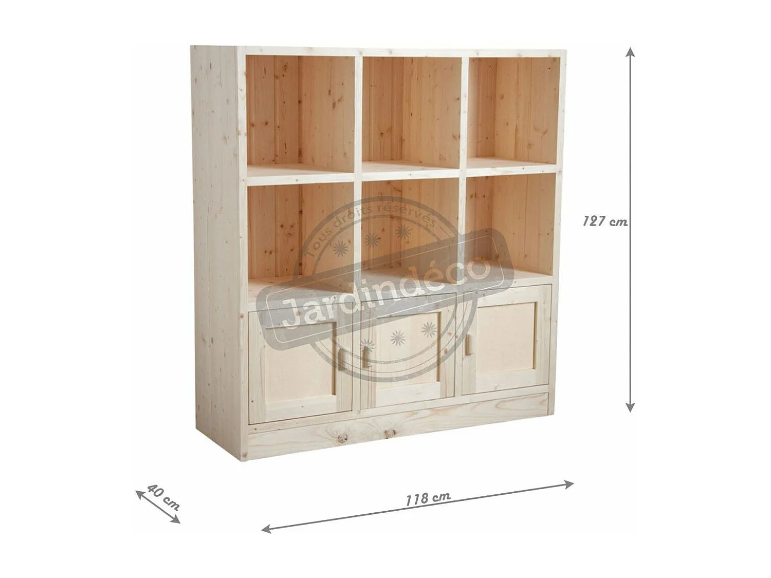 Bibliothèque 6 cases 3 portes en épicéa brut