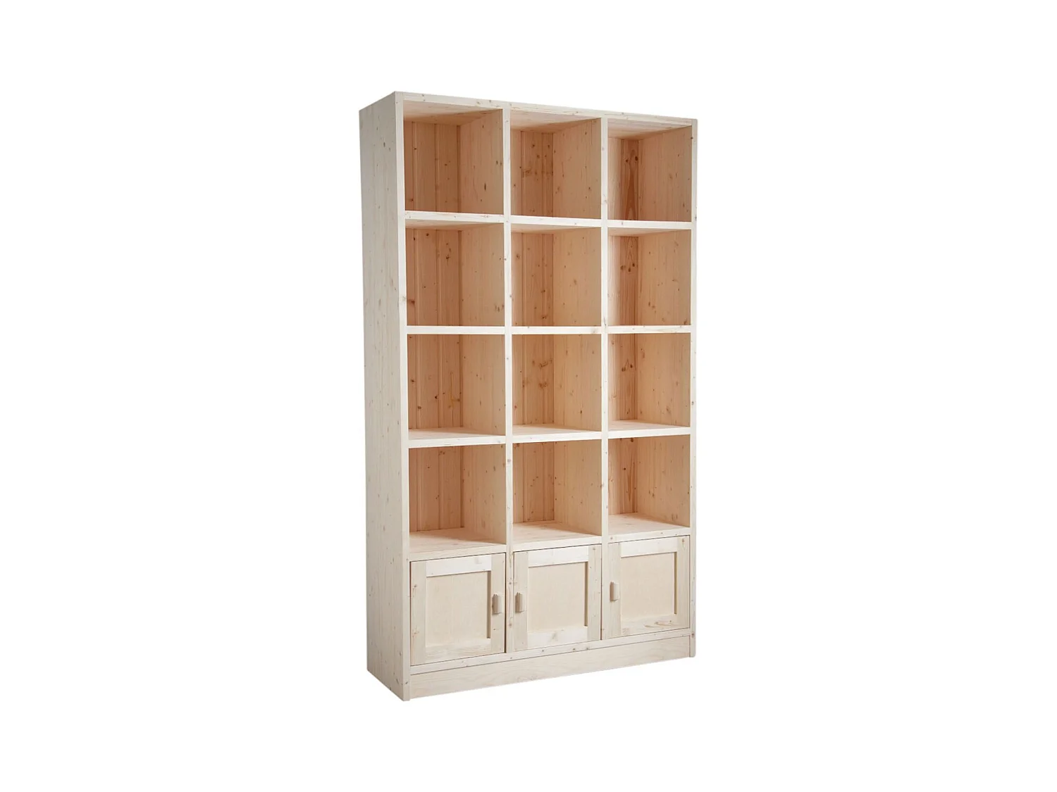 Bibliothèque 12 cases 3 portes en épicéa brut