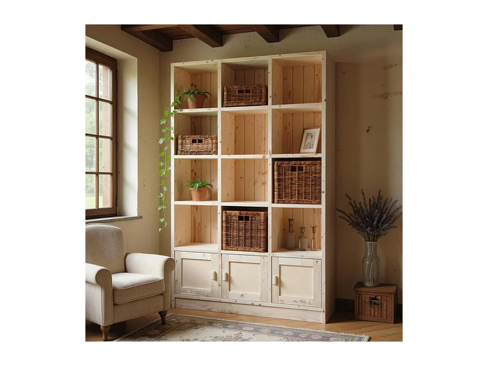 Bibliothèque 12 cases 3 portes en épicéa brut