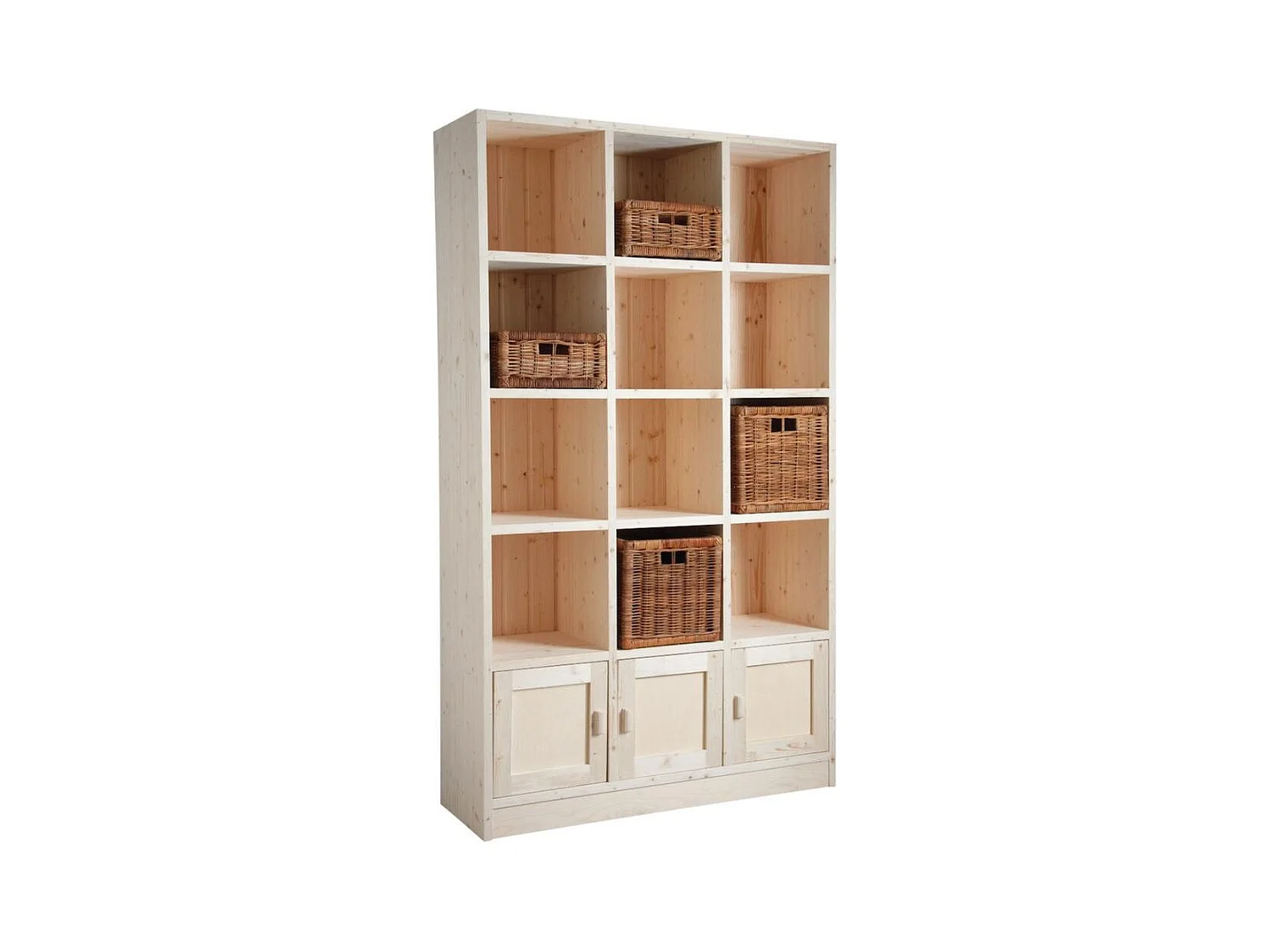 Bibliothèque 12 cases 3 portes en épicéa brut