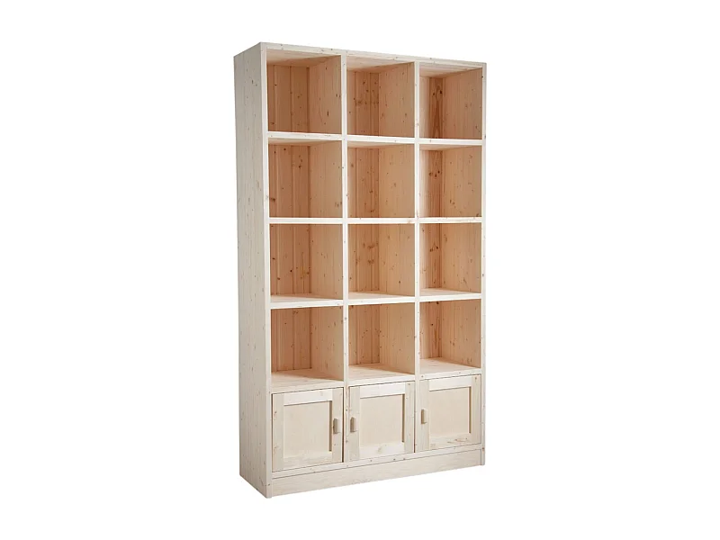 Bibliothèque 12 cases 3 portes en épicéa brut