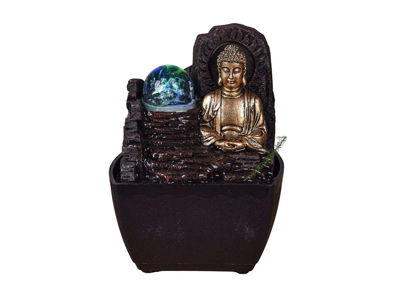 Piccola fontana in resina per interni con Buddha Theravada a LED
