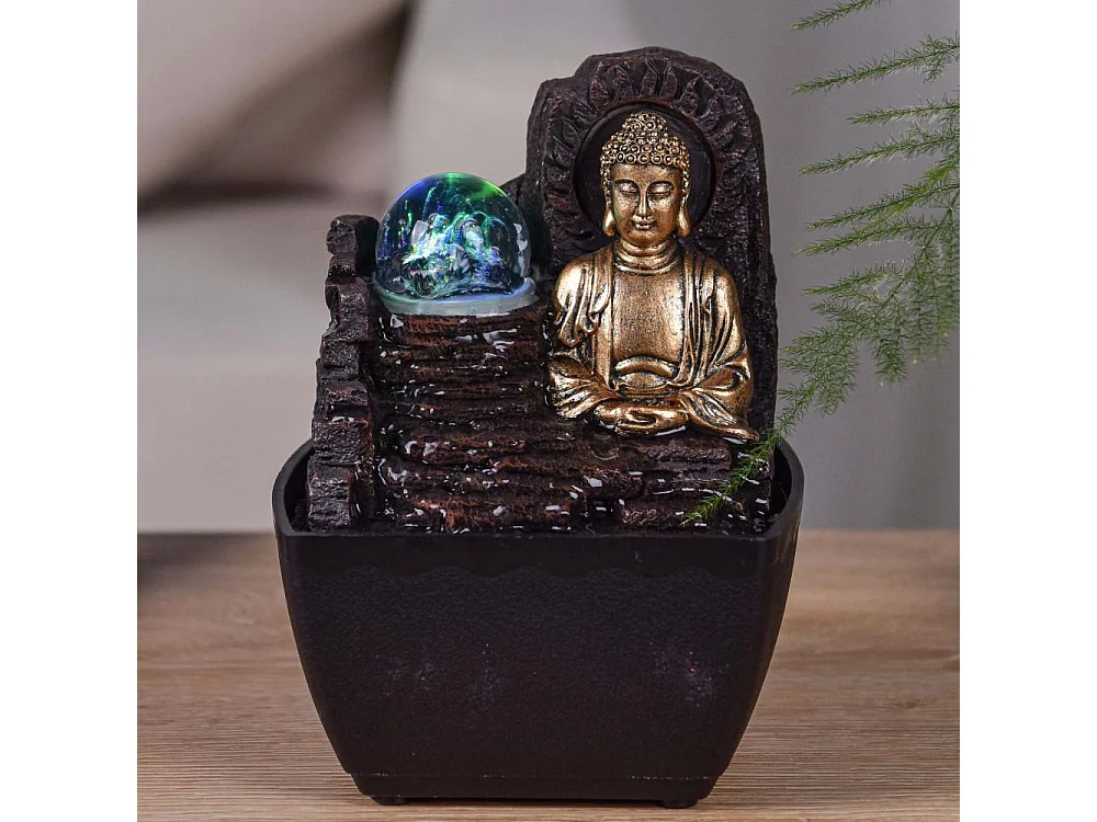 Piccola fontana in resina per interni con Buddha Theravada a LED