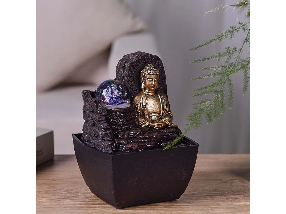 Piccola fontana in resina per interni con Buddha Theravada a LED