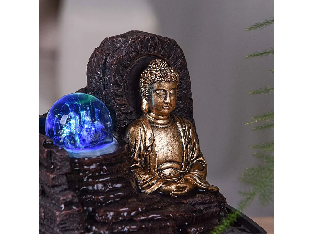 Piccola fontana in resina per interni con Buddha Theravada a LED