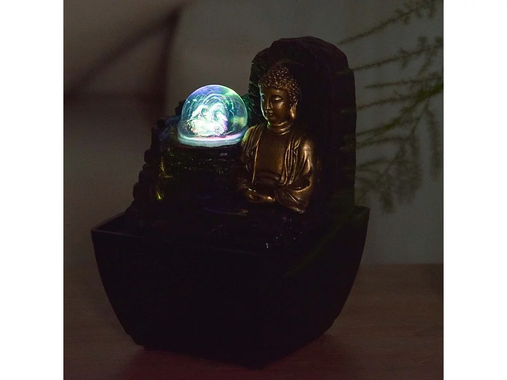 Piccola fontana in resina per interni con Buddha Theravada a LED