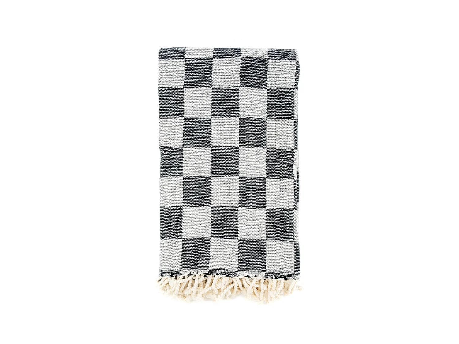 Plaid en coton damier gris avec franges