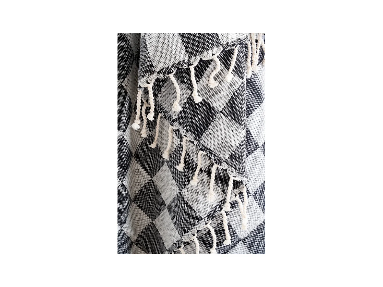 Plaid en coton damier gris avec franges