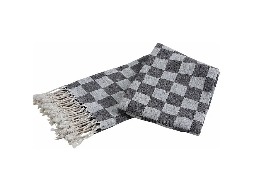 Plaid en coton damier gris avec franges