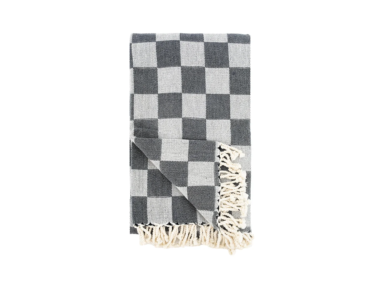Plaid en coton damier gris avec franges