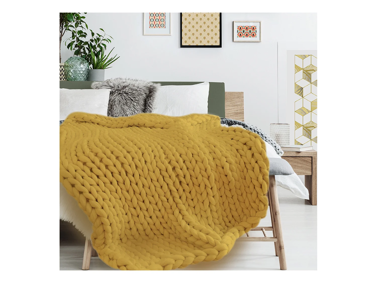 Plaid Grosse Maille Chunky Jaune 120x150cm Jaune