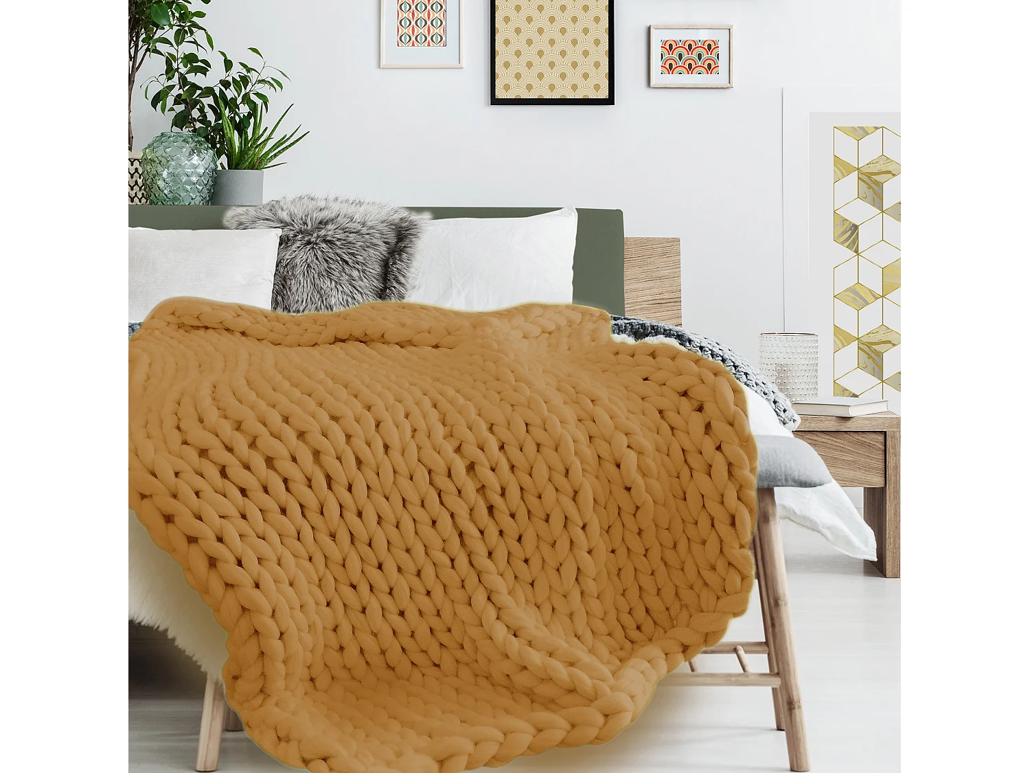 Plaid Grosse Maille Chunky Jaune 120x150cm Jaune