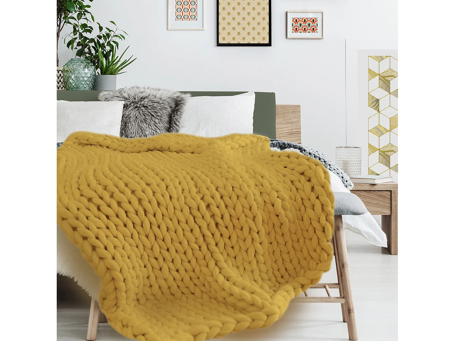 Plaid Grosse Maille Chunky Jaune 120x150cm Jaune