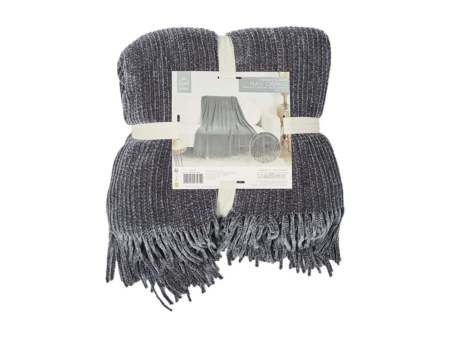 Plaid Chenille Frange Gris 120x150cm Gris