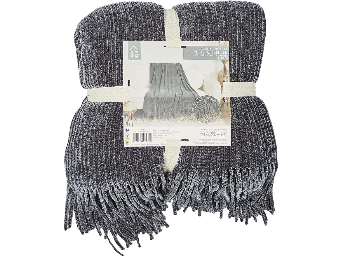 Plaid - HOME DECO FACTORY - Chenille - Franges - Gris