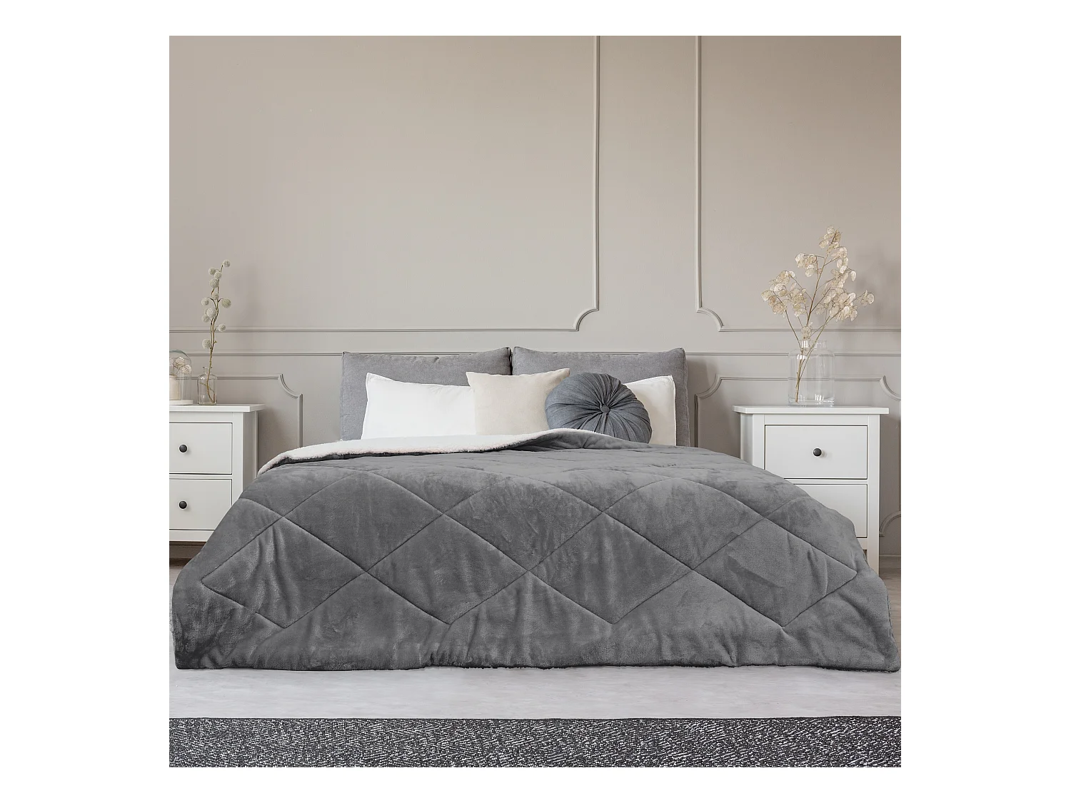 Couvre Lit Flanelle Sherpa Gris 220x240cm Gris