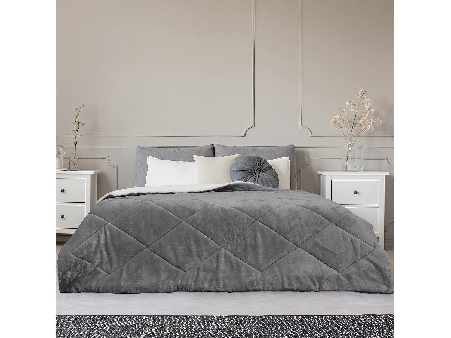 Couvre Lit Flanelle Sherpa Gris 220x240cm Gris