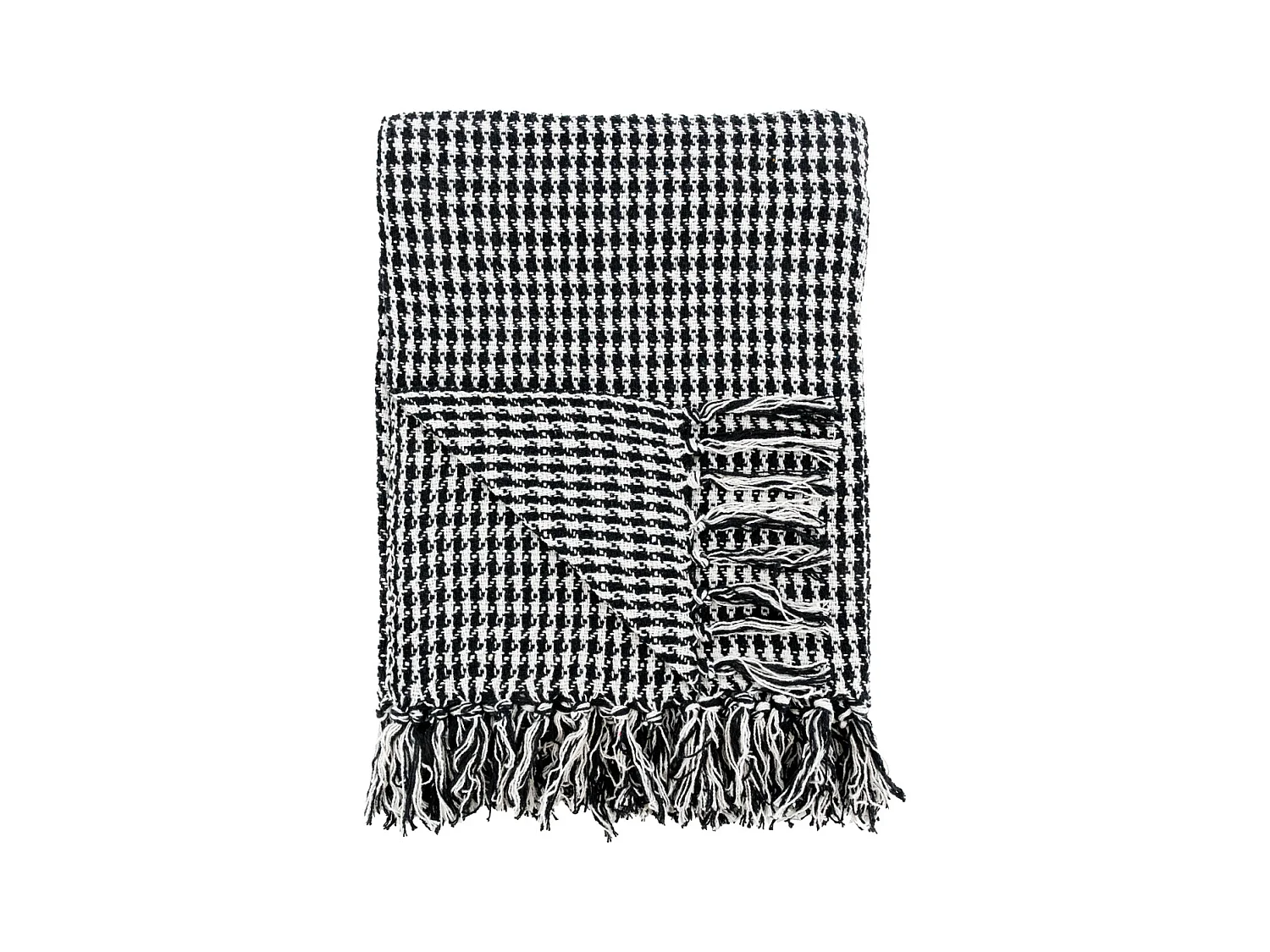 Plaid en Coton Pied de Poule Noir et Blanc avec Franges